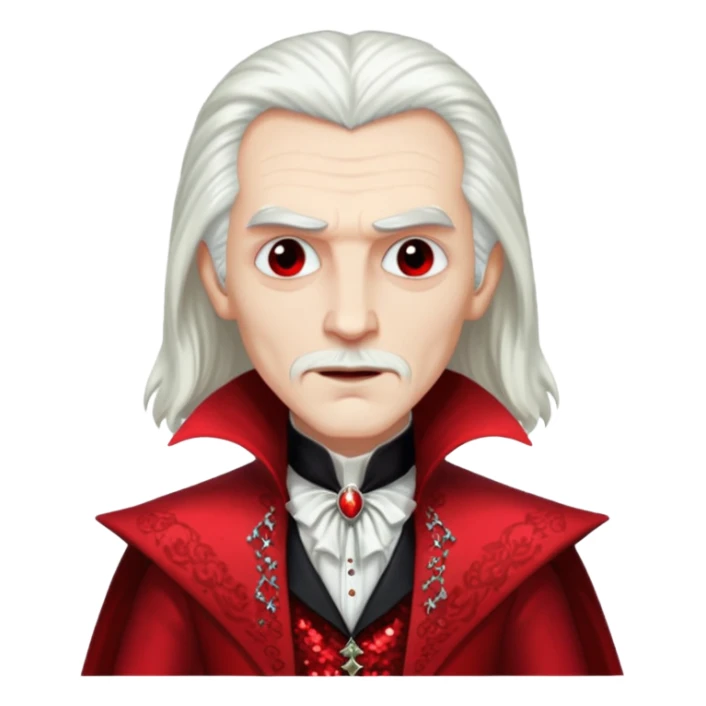 Dracula with long white hair, red sequin outfit sticker