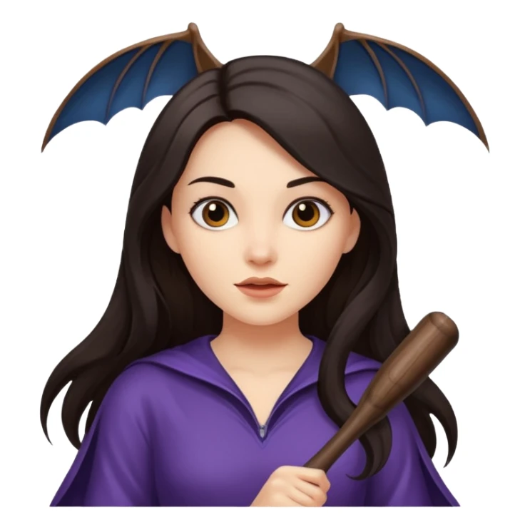 woman with long dark hair holding a flying bat sticker