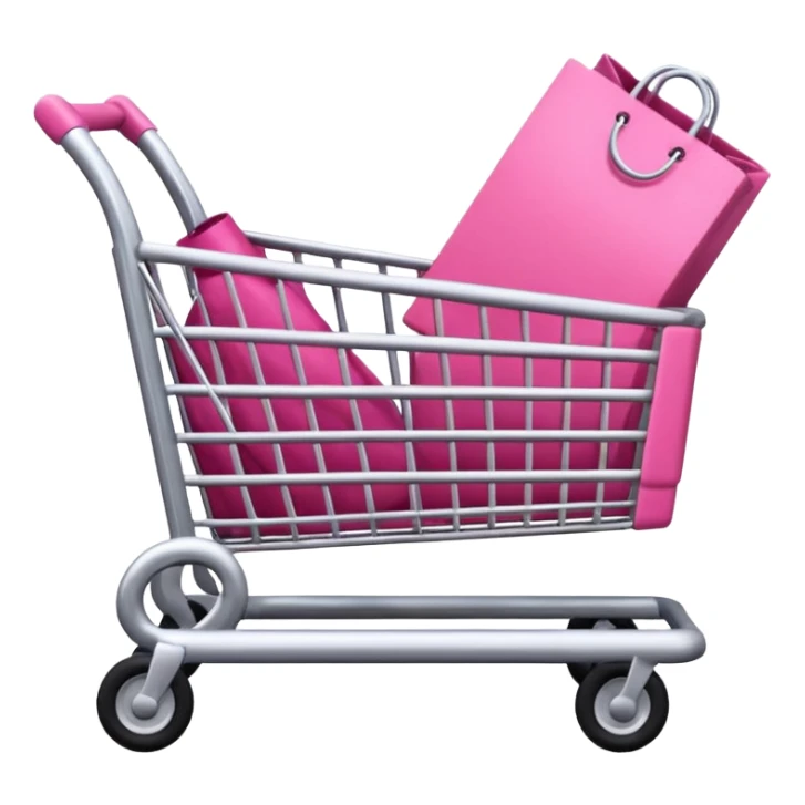 Carrinho na cor rosa cheio de compras femininas, com diversas maquiagens, roupas  sticker