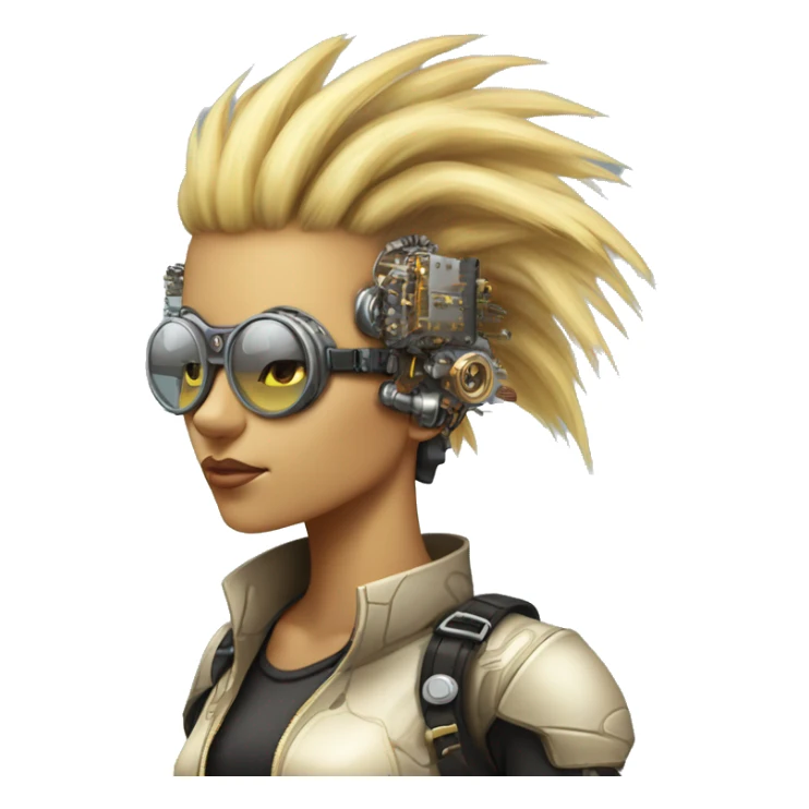 Light yellow Mohawk hair female cyborg head, tan skin, steampunk goggles and circuits sticker