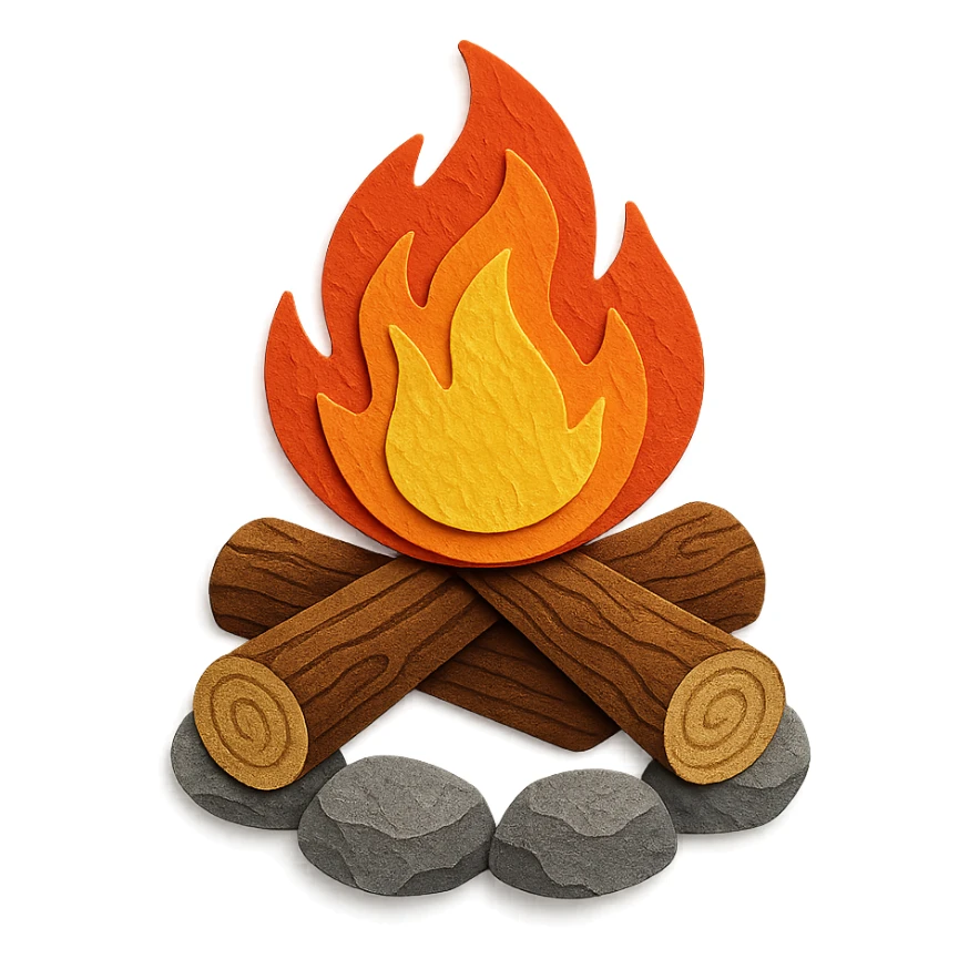 detailed campfire, expressive flame textures, wood logs with grain, rocks with layered paper effect, paper craft style sticker