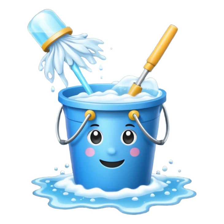 Bucket with soapy water, mop, and spray bottle grouped together with sparkles sticker