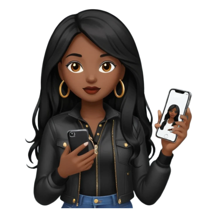 influencer girl black long haired, phone in hand, recording herself, confident, trendy, sticker