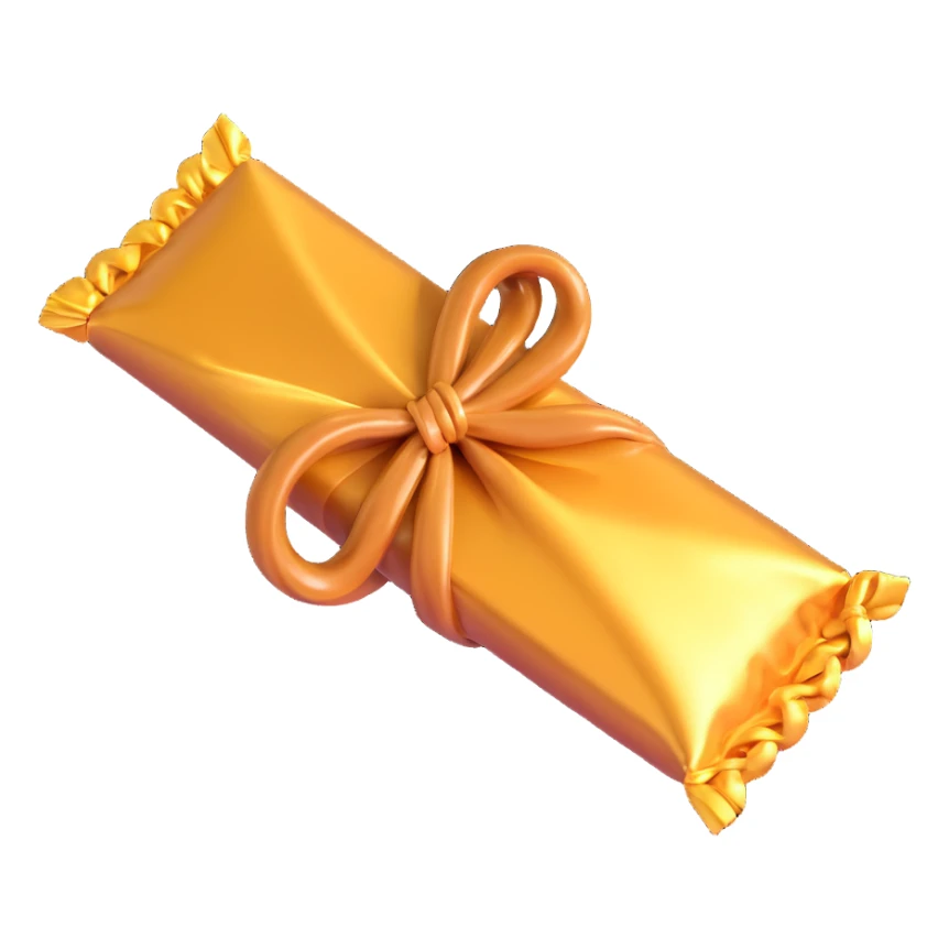 a wrapped caramel candy with twisted ends, golden wrapper, on a transparent background sticker