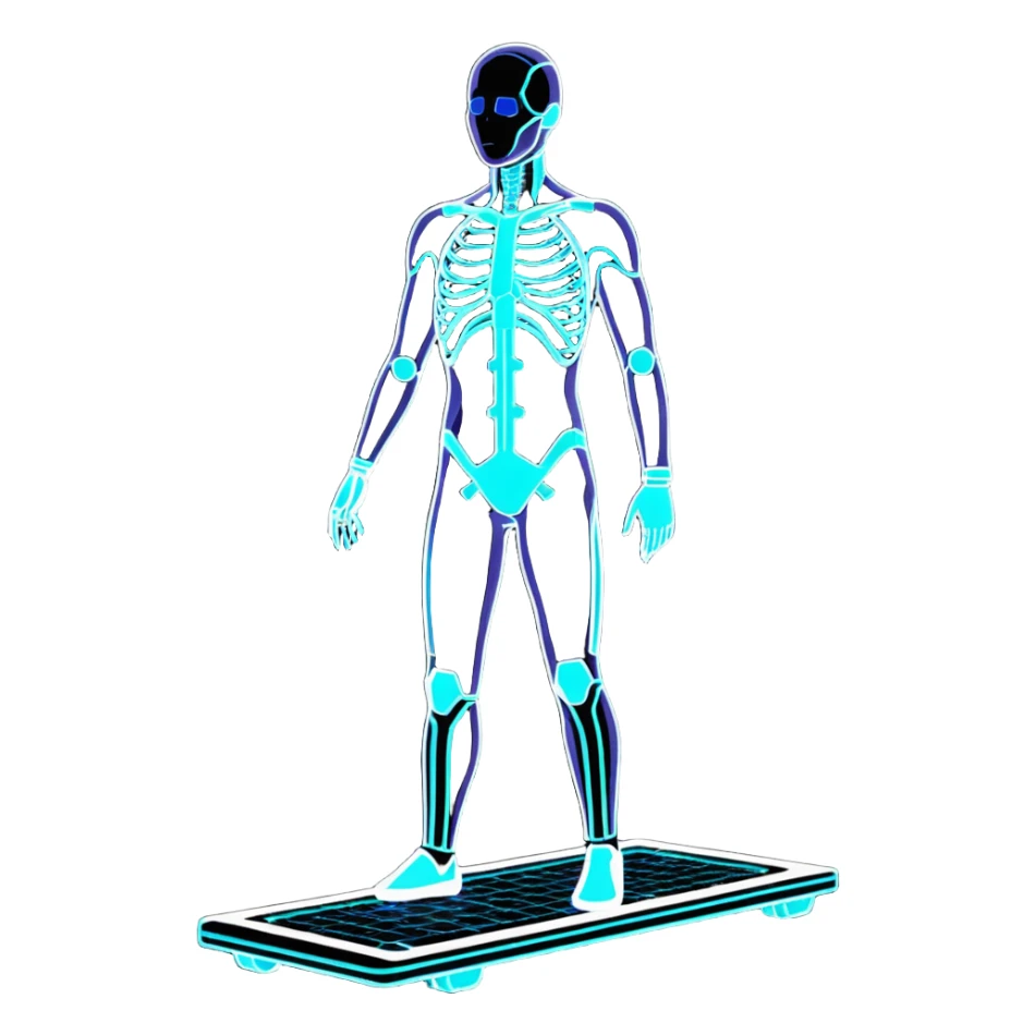 3D holographic full body scan with glowing grid lines, futuristic medical technology sticker