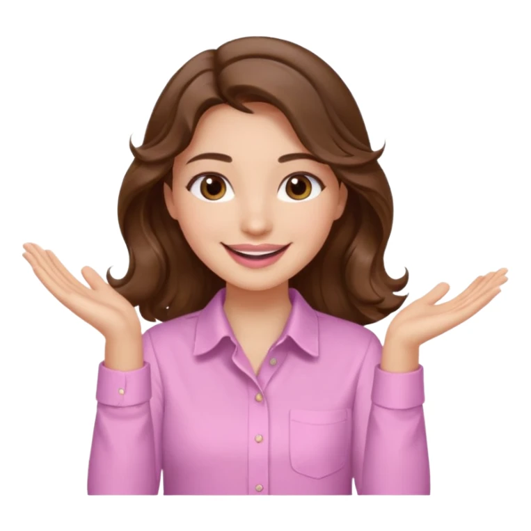 girl with wavy long brown hair, brown eyes, light to medium complexion, long lashes, light pink lipstick, wearing light pink shirt, clapping sticker