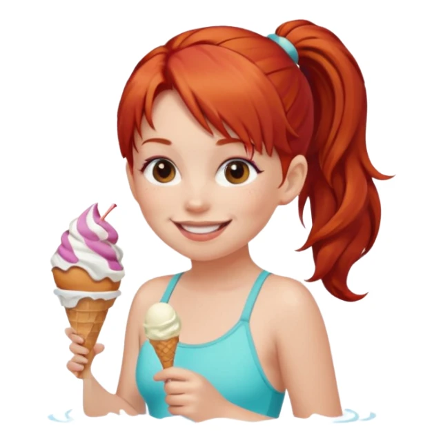 girl kid red haired swimsuit, eating ice cream, ponytail sticker
