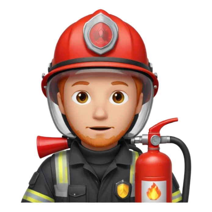 red haired Firefighter with respiratory protection with fire extinguisher sticker