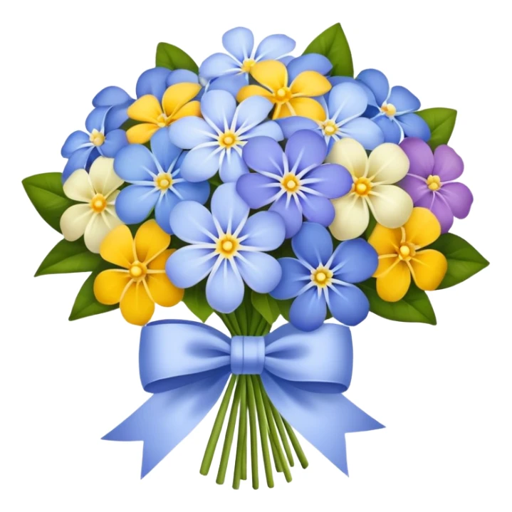 Periwinkle bouquet with assorted flowers, tied with a white bow sticker