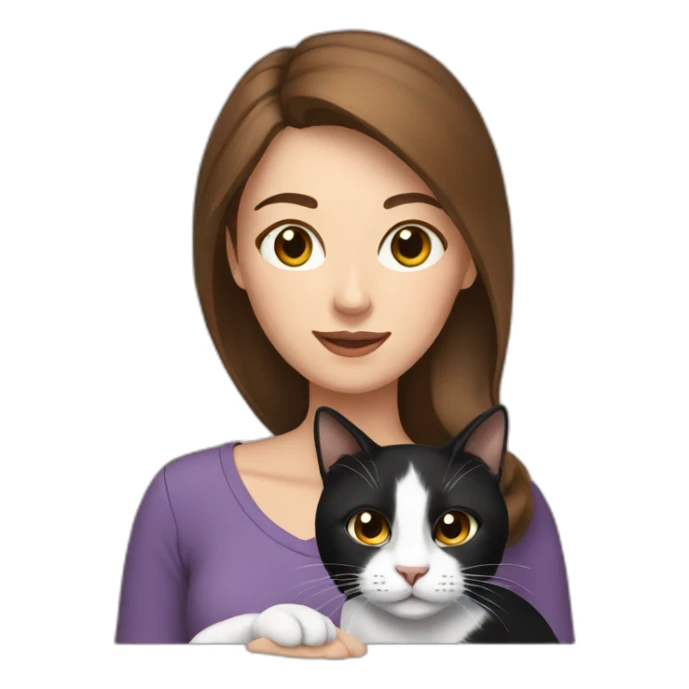 woman with brown hair holding a black and white cat sticker