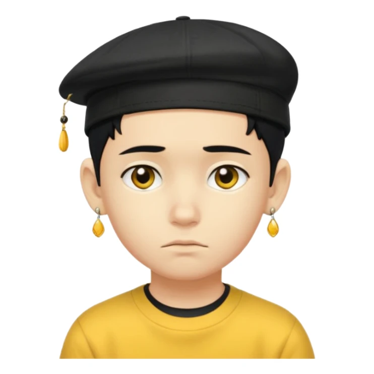 Create me an emoji like that, sad, with earrings, a black cap backwards, yellow skin like an emoji, and short hair down to the nape of my neck. Let it be a boy sticker