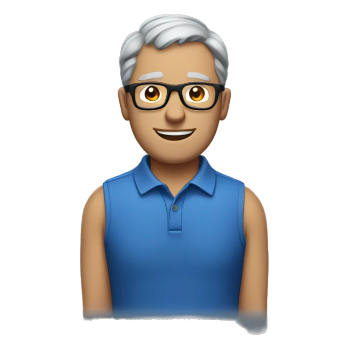 grey short hair middle age man, blue polo, black glasses sticker