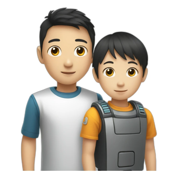a AI robot and a asian kid boy, hand in hand sticker