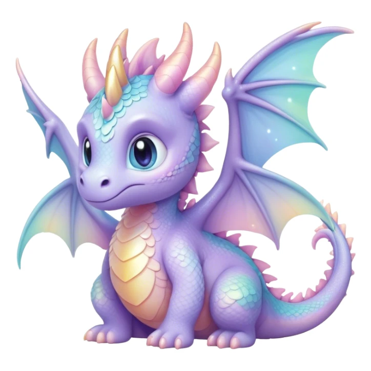 Cinematic fluffy pastel dragon, tiny round wings, chubby feet, sparkling gentle eyes, delicate glowing scales, soft colors blending magically, enchanting and whimsical. sticker