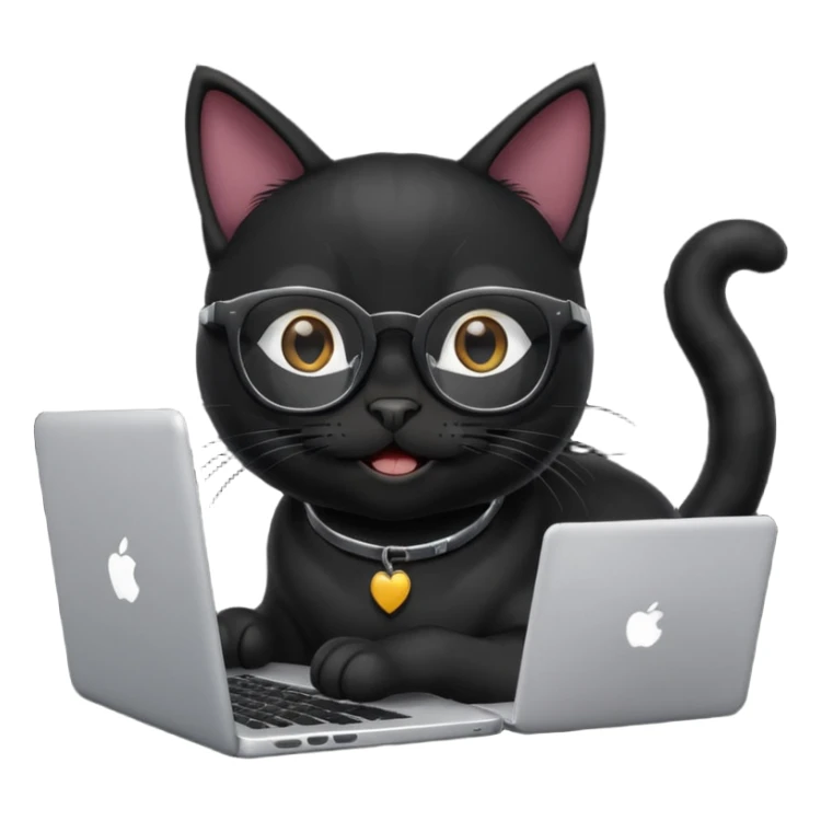 black cat smiling in glasses with laptop sticker