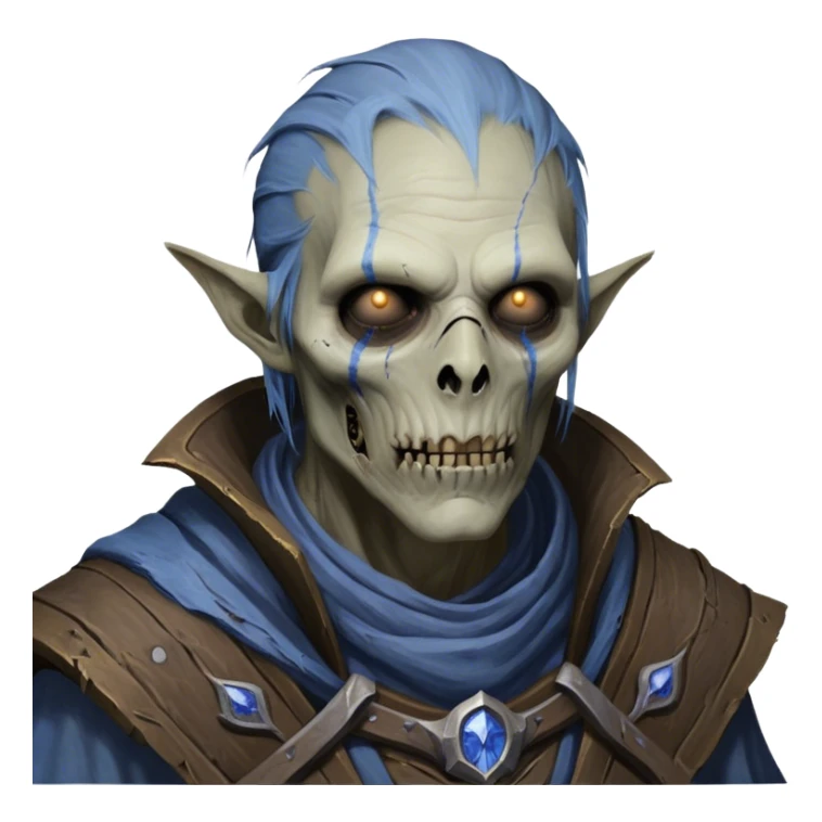 Cinematic Realistic WoW undead civilian Portrait, depicted with decayed yet noble features, his weathered, pallid skin etched with ghostly blue veins and ancient scars. Clad in modest, tattered attire in muted browns and greys that remain consistently rugged, his hollow eyes burn with determined defiance. Rendered with lifelike texture and dramatic natural lighting, high shine, noble and resilient, capturing the stoic spirit of an undead veteran of Azeroth. sticker