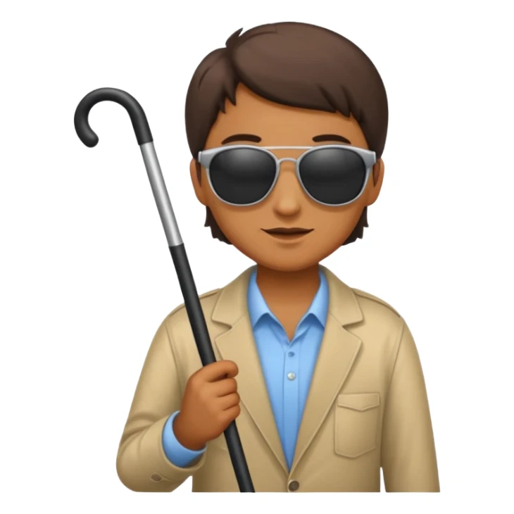A blind person wearing sunglasses and holding a guide cane sticker