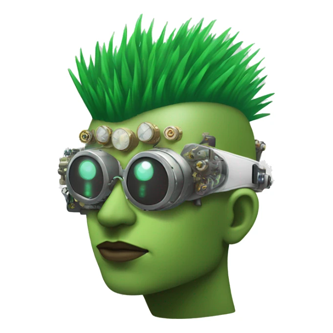 Green Mohawk hair male cyborg head with white steampunk goggles and circuits sticker