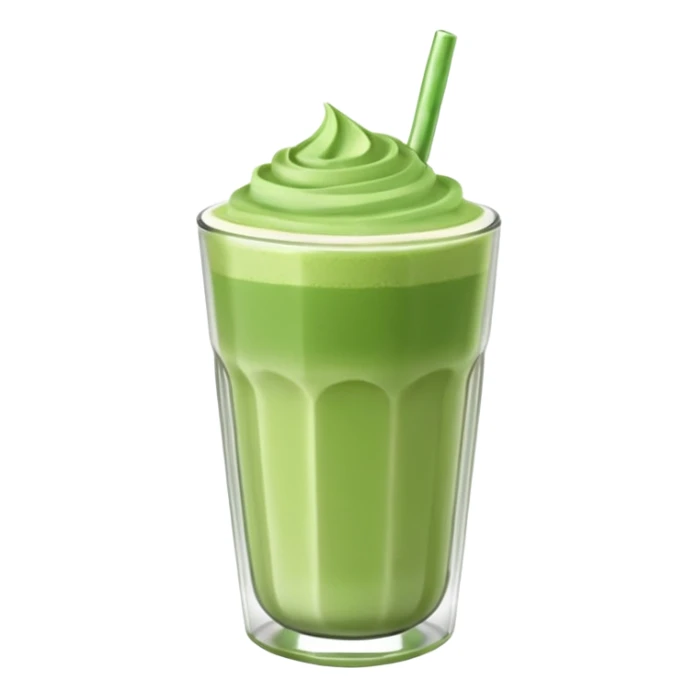 Emoji glossy 3D de un vaso de matcha latte, vaso de vidrio transparente con matcha espumoso verde pastel, capas suaves de leche y matcha, brillo intenso tipo sticker, sombras delicadas, fondo transparente, estilo cute moderno, alta calidad sticker