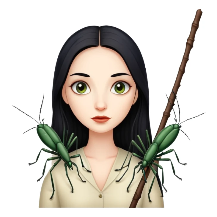 beautiful pale woman with long black hair next to stick bug sticker