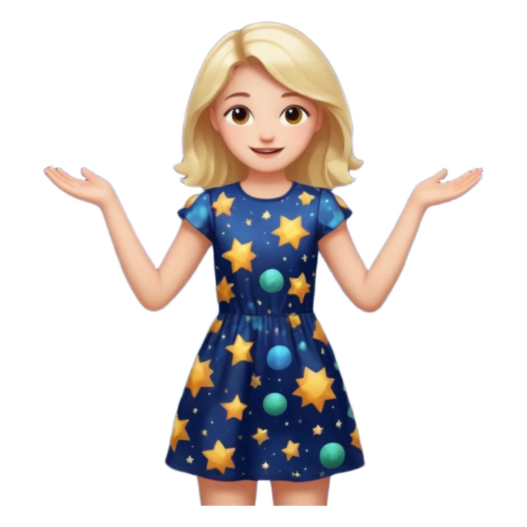 girl in a cosmic print dress, happy, arms at sides sticker