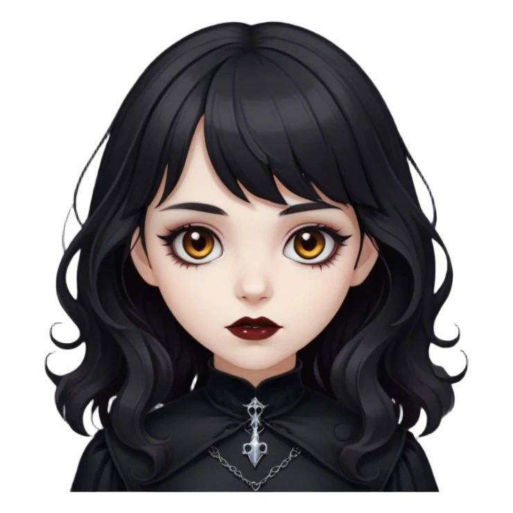a pale white vampire girl with medium black wavy hair and bangs with brown eyes wearing black gothic clothing sticker