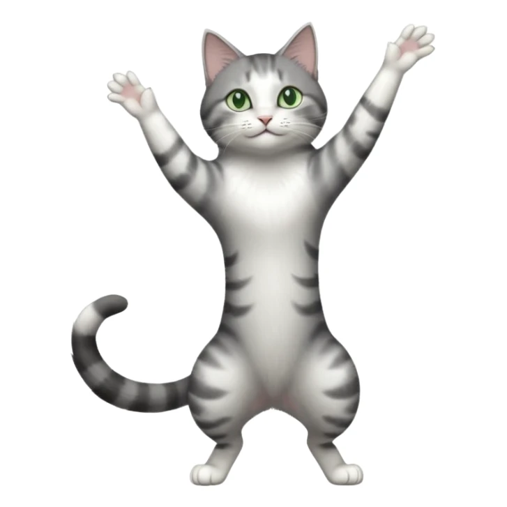 grey and white cat with green eyes doing a big extremely long stretch reaching up into the air with arms and legs side by side together sticker
