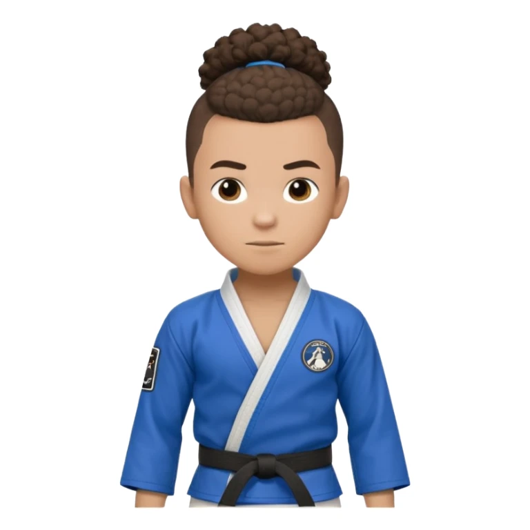 Mixed race boy BJJ instructor with pony tail afro hair and shaved bald sides haircut, Make the hair brown and the belt blue. Add the roger Gracie academy logo on the go also and the p logo of progress jiu jitsu on the right arm sleeve  at the top sticker