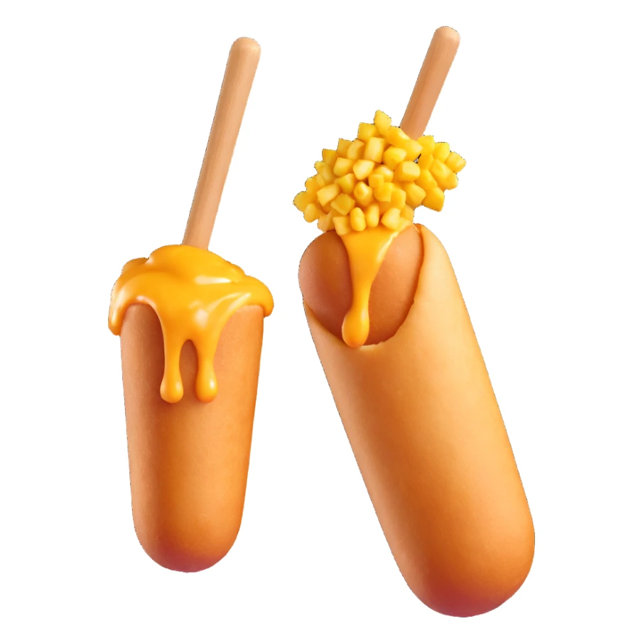korean potato cheese corn dog, whole and bitten version side by side, cheese pull, crispy potato cubes, wooden stick, no text sticker