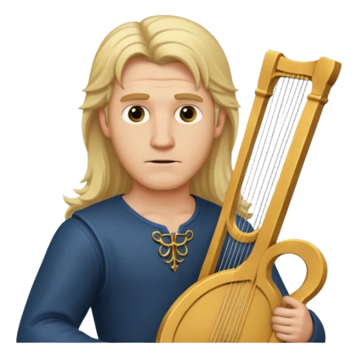 Man with long blonde hair looking arrogant  holding a lyre sticker