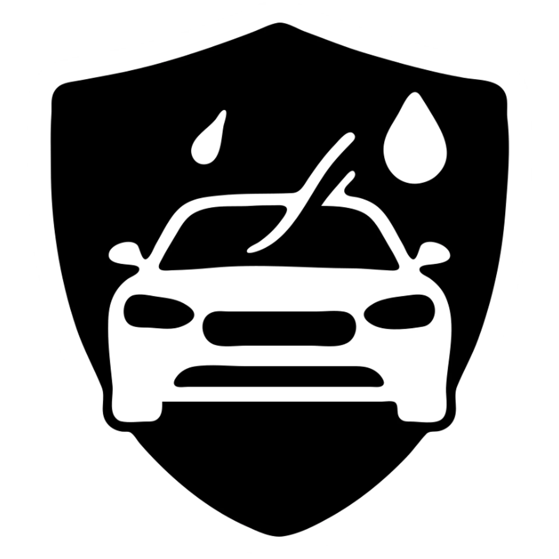 solid icon of a full luxury vehicle with glossy black mirror paint, strong shine and reflections, water droplet sliding on the surface, minimal repellent effect with lines, elegant and minimal sticker