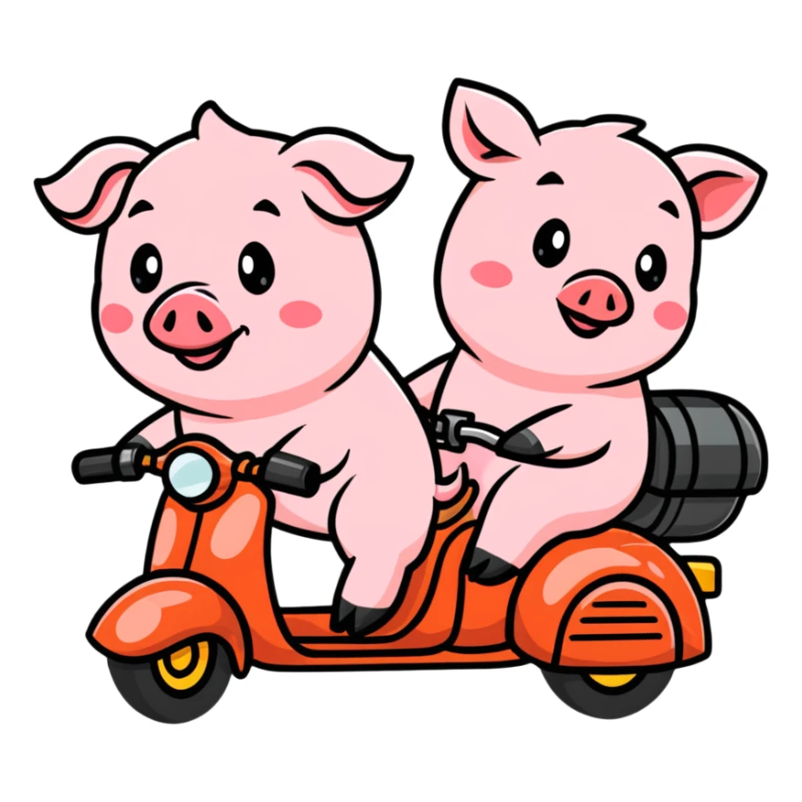pig couple riding a motorbike, cute sticker