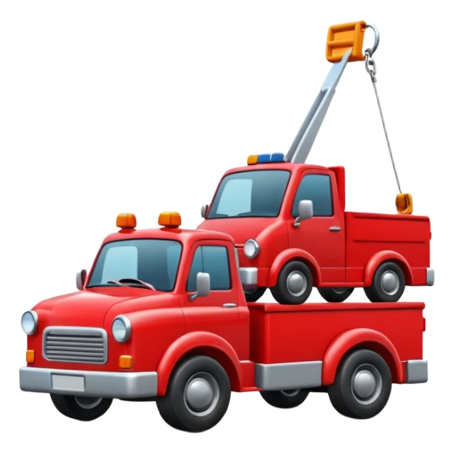A 3D cartoon red tow truck pulling a small car, bright daylight, simple road background, Memoji-style realism. sticker