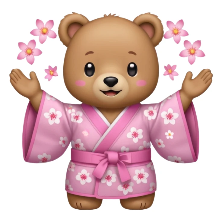 A cute light-brown bear wearing a pastel pink sakura-patterned kimono, normal balanced body ratio.  
Clapping hands cheerfully with a big bright smile and small spark effects around.  
Kawaii emoji style, minimalistic clean sticker illustration, white background.
 sticker