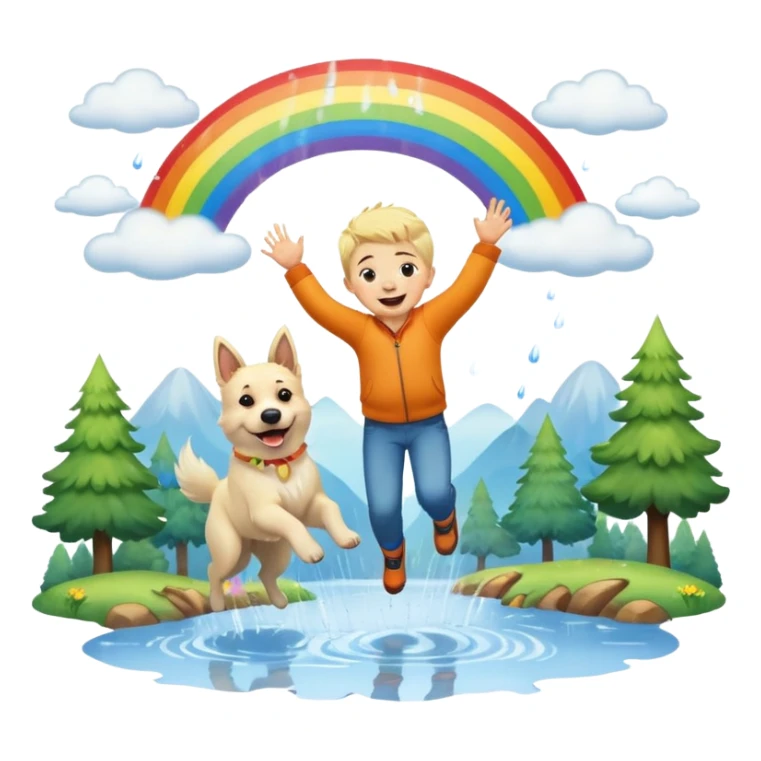 Beautiful White belgian Shepard jumping Cheerful  with a little blonde Boy Who laughs over Rain puddles. There is a rainbow in the sky and a forest in the background sticker