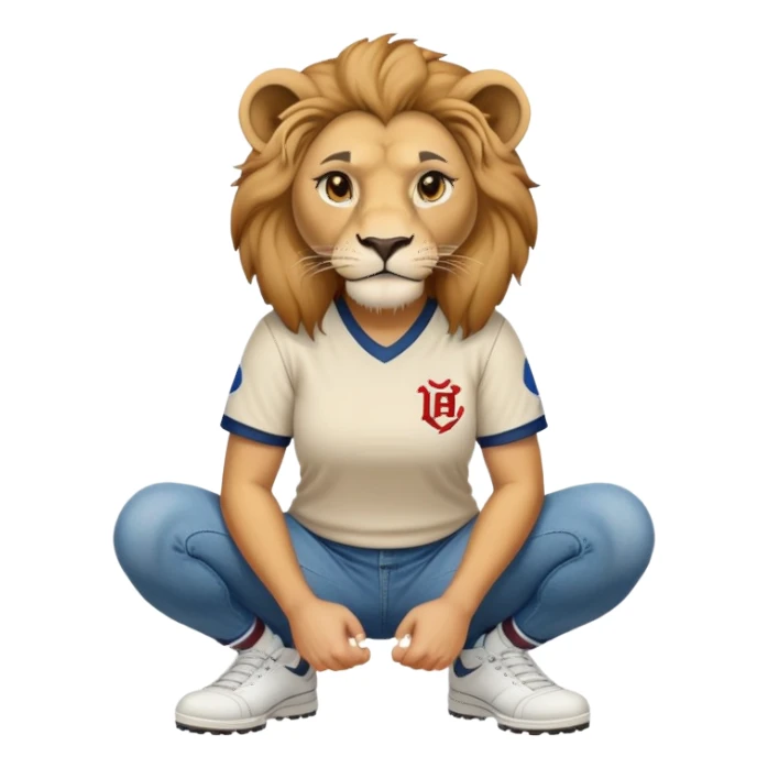confident anthropomorphised female lion wearing a baseball shirt, jeans, trainers, squatting, empty hands sticker