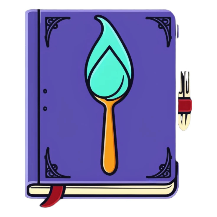 Fantasy spellbook-style cookbook with ethereal fork and spoon symbol glowing on the cover, magical recipes collection sticker