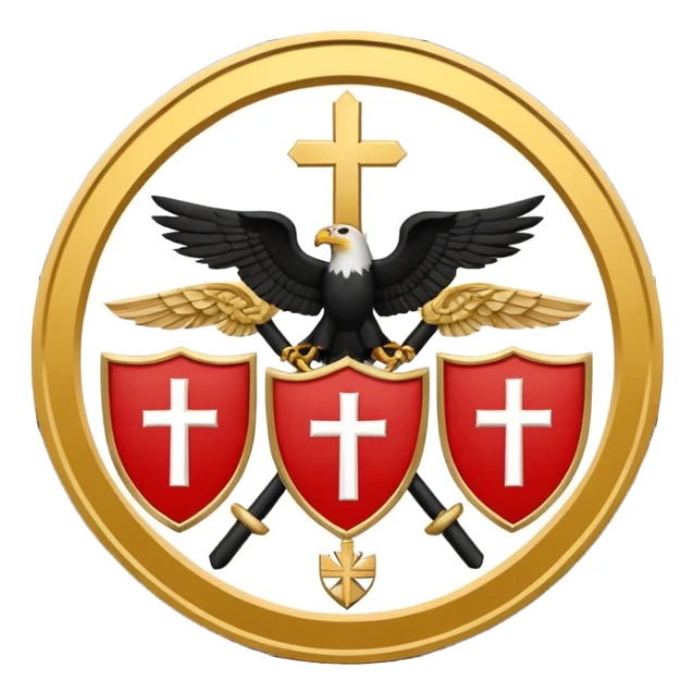 Flags: There are four flags, two on the top and two on the bottom, in the black and gold (yellow) quarters. Each flag features a gold Coptic cross.: In the center, there is a white shield or banner with a red eagle or bird, 
 sticker