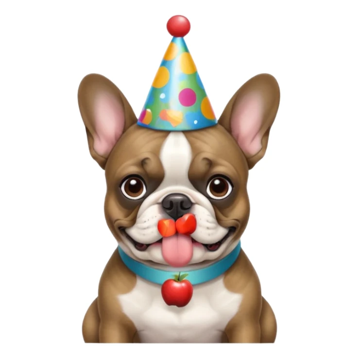 french bulldog with a birthday hat and brindle coloring. please make it apple emoji style please sticker
