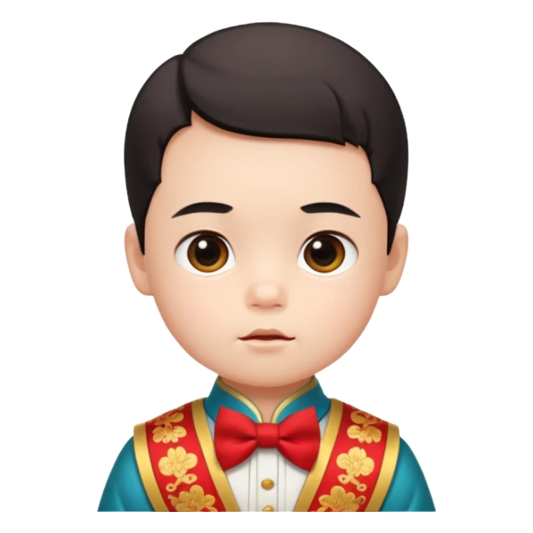 baby guy, wearing chinese royal ancient custome, red bow tie sticker