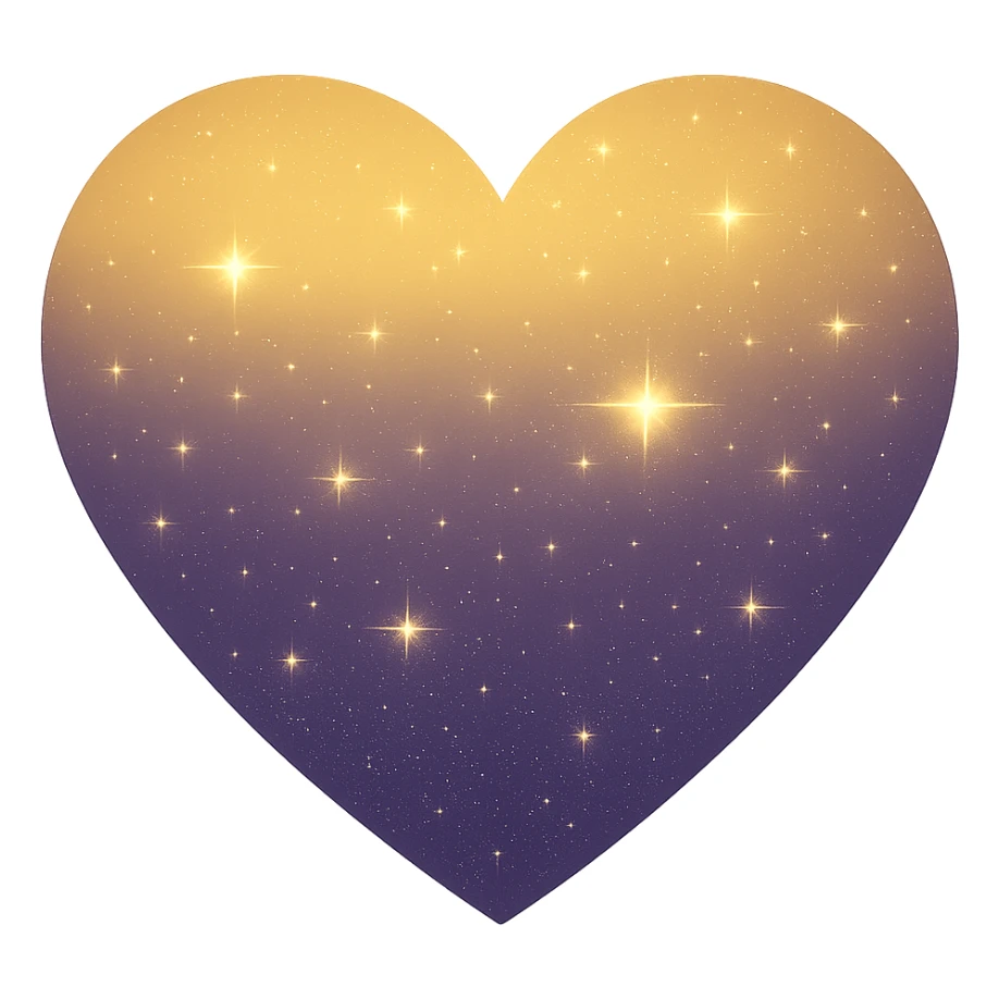 Modify the heart with a night sky gradient to a yellow night theme with a purple gradient, more stars, and a soft glow. Remove the background entirely  sticker