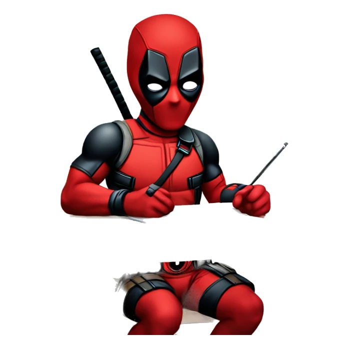 Cute Deadpool sitting at a desk, front view. make the face happy sticker