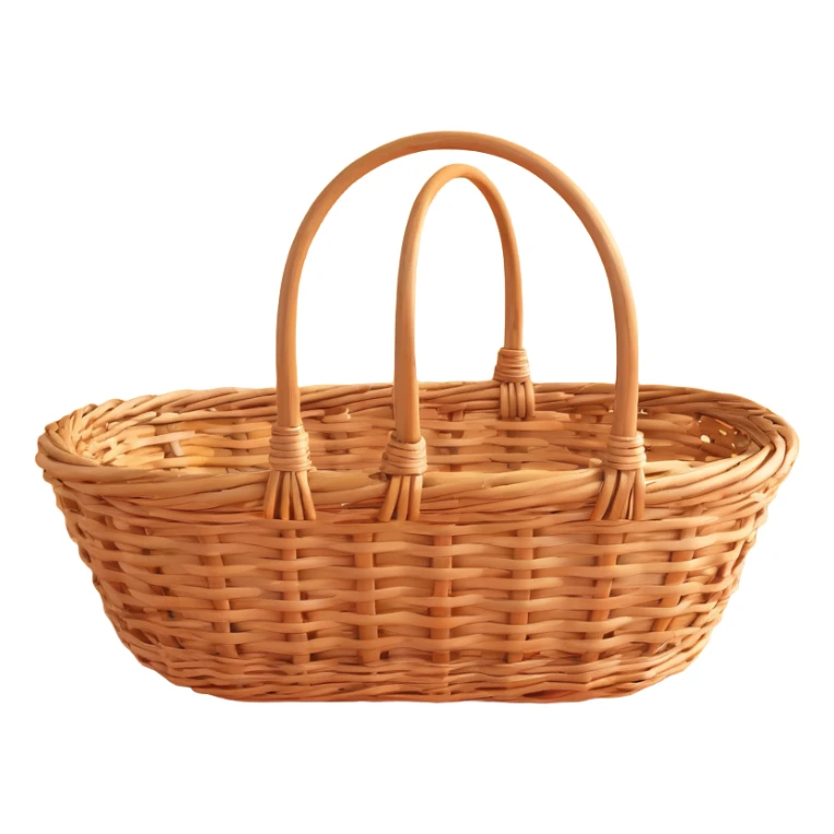 wicker basket, 3D, rustic, shallow and wide, handwoven look, no text sticker