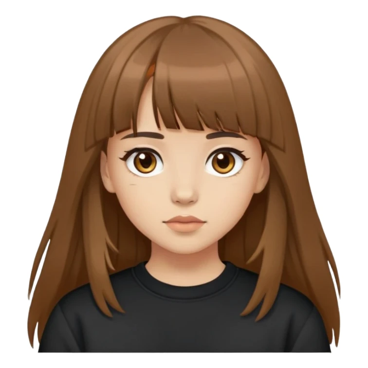 Light skinned girl with brown eyes, long brown hair with bangs, wearing a black sweatshirt sticker