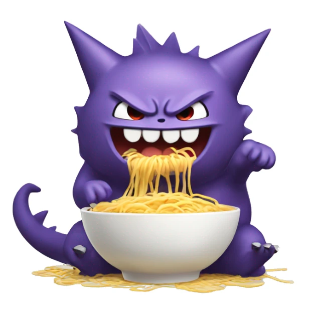 iOS emoji art style, Pokémon character Gengar, eating ramen noodles. sticker