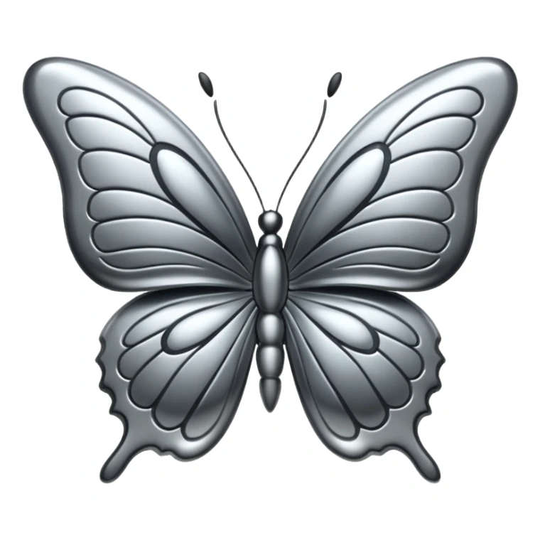 Liquid metal butterfly emoji, silver chrome material, iOS emoji style, smooth curves, reflective surface, elegant and minimal, white background sticker