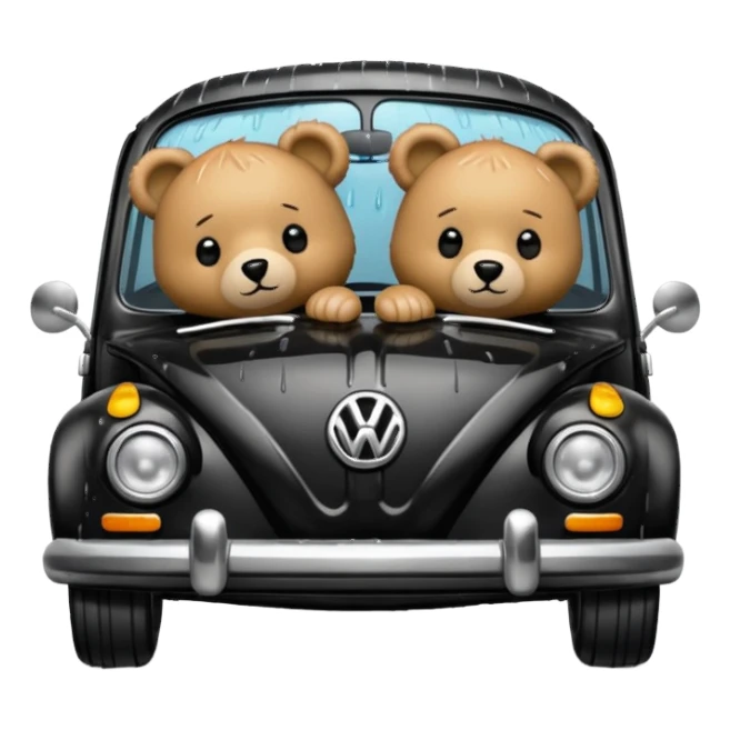 Two teddy bears in black Volkswagen in the rain sticker