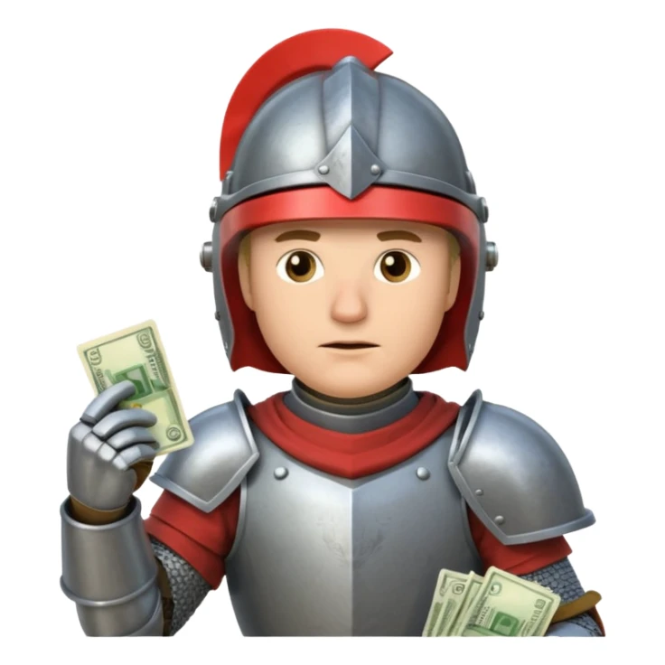Knight with helmet holding phone and money sticker