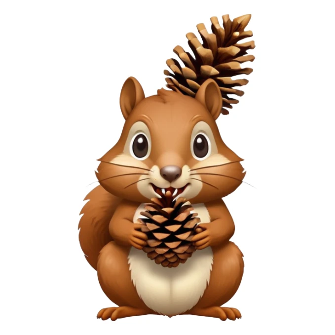 Greedy squirrel with a big pine cone balancing on its head, showing a strange creepy expression, hungry looking sticker