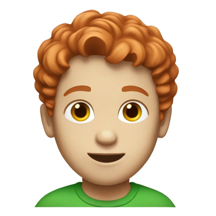 Boy with wavy red hair, white skin and green t-shirt sticker